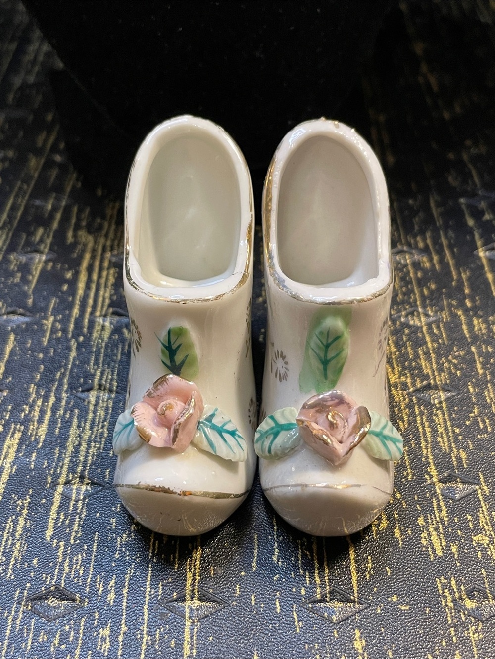 Japan Porcelain Floral Shoe Pair - Pink Rose Accent